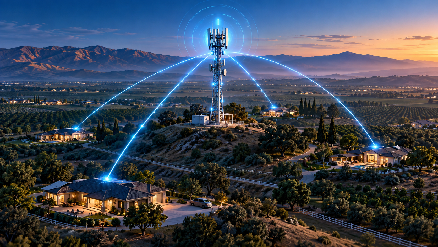 Advanced fixed wireless network tower beaming connectivity to nearby homes in Tulare County